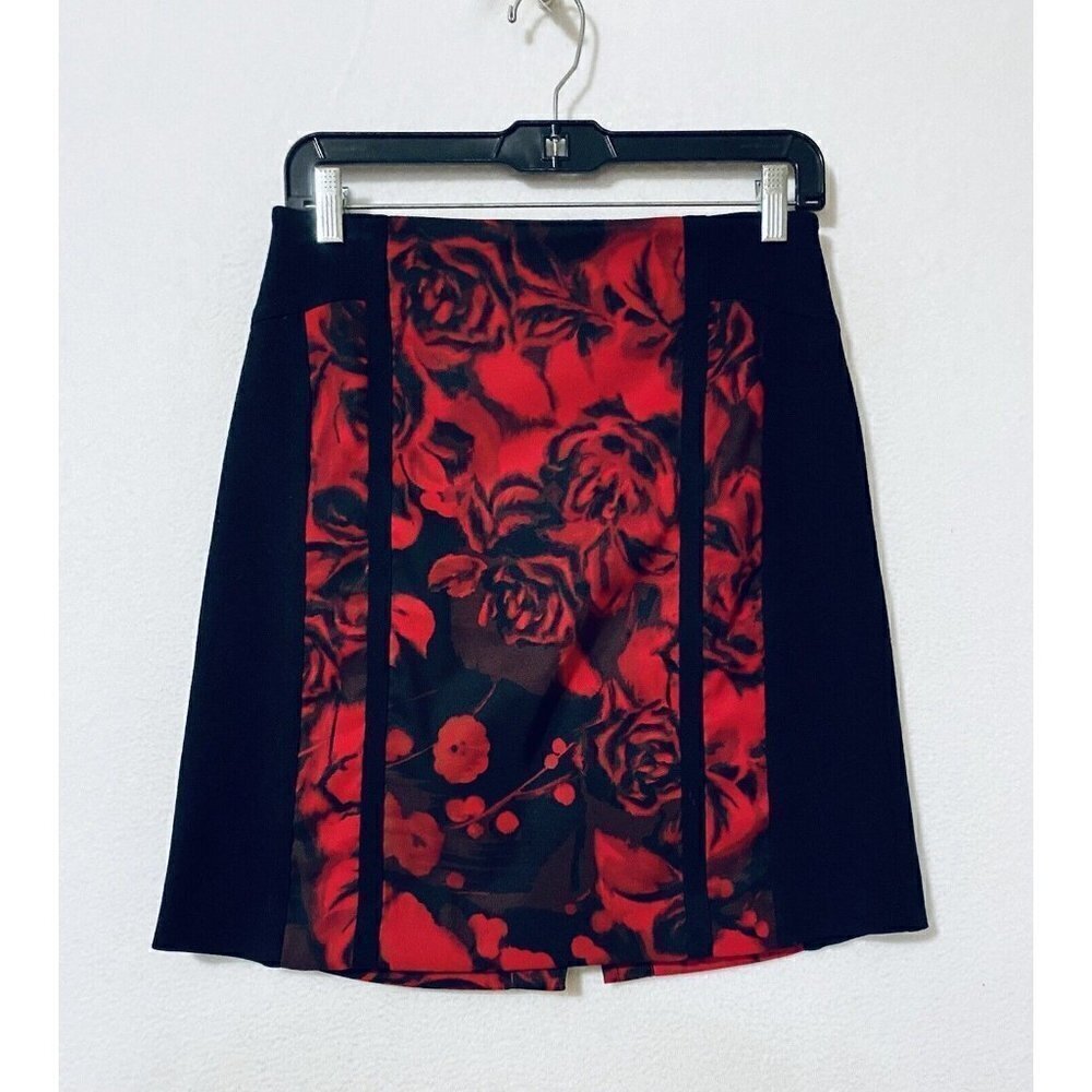 Cache Womens 6 Red Rose Print Pencil Mini Skirt Black Stretch Y2K
